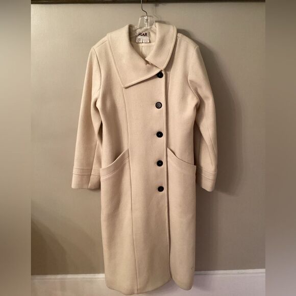 FLAX SIZE SMALL IVORY CREAM WOOL BLEND OVERSIZED LONG BUTTON FRONT PEA COAT - Picture 2 of 11